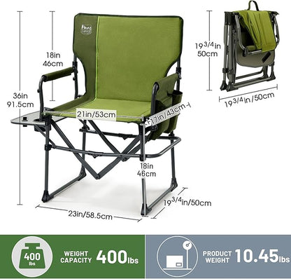 TIMBER RIDGE Aluminum Camping Directors Chair with Side Table Pocket, Portable Folding Chair, Heavy Duty Lawn Chair for Fishing Trip Picnic Concert Outdoor 400lbs, Green 2 Pack