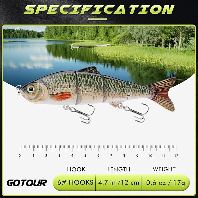 GOTOUR Fishing Lures for Freshwater or Saltwater, Easy to Use for Family Fishing Beginner and Pros, Most Lifelike Jointed Swimbait，Slow Sinking Bass Pike Panfish Walleye Lures, Fishing Gifts for Men