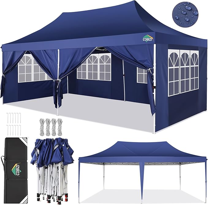 COBIZI 10x20 Pop Up Canopy Tent with Sidewalls,Party Tent Outdoor Gazebos, Waterproof & UV50+,3 Adjustable Heights,Higher Frame Design - Extra Tall for Parties Backyard,Weddings,Markets,(Dark Blue)