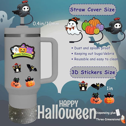Stanley Cup Accessories Set,Including 3 Pcs 0.4in Halloween Straw Cover, 5 Pcs Halloween 3D&Flat Stickers, 1 Pcs Handle Charm, 1 Silicone Boot Fits Stanley 40&30 Oz Tumbler (Glitter Black)