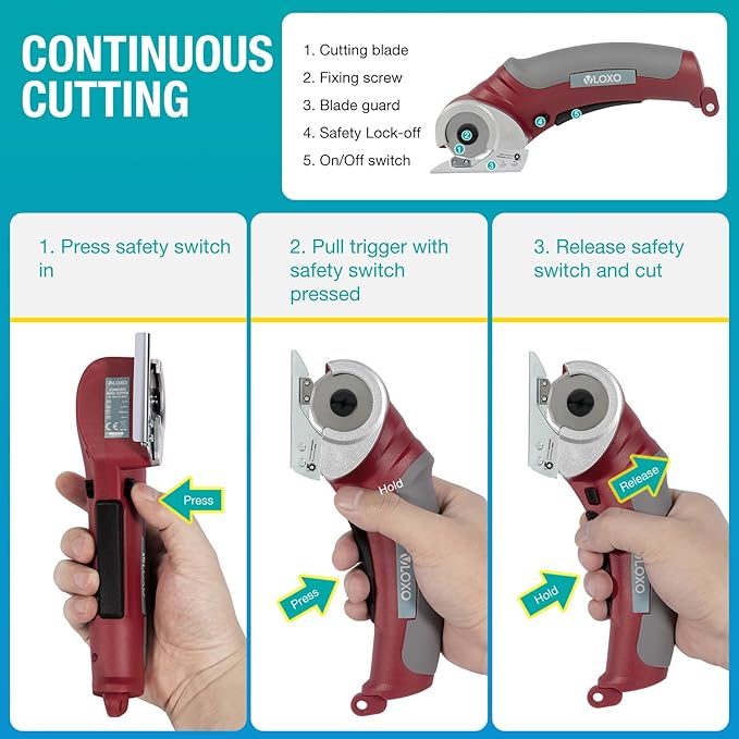 VLOXO Cardboard Cutter, Cordless Electric Scissors with Safety Lock, 4.2V Electric Box Cutter Multi-Cutting Tools, Rechargeable Powerful Scissors for Carpet Leather Felt with Storage Box