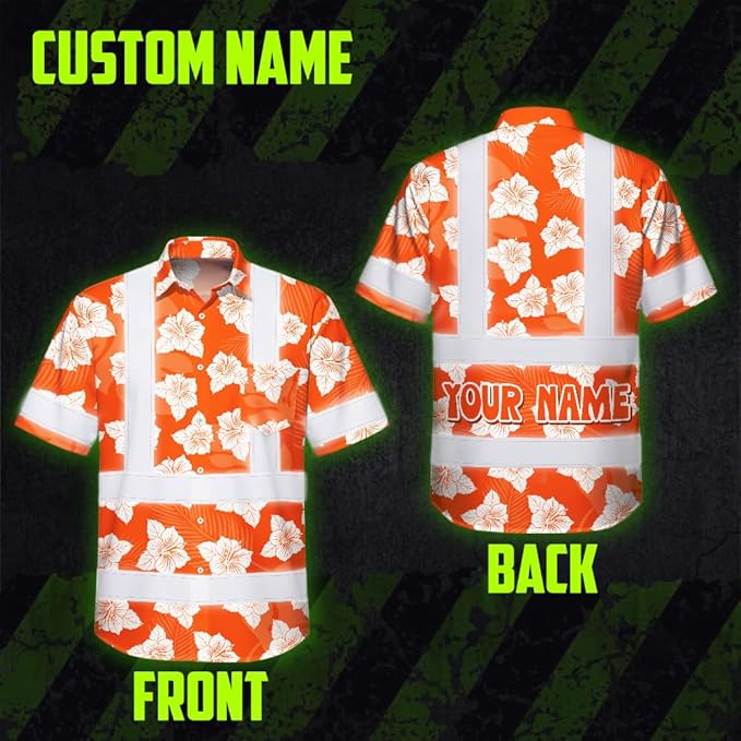 High Visibility Hawaiian Shirt for Men Tropical Shirts Custom Name Floral Outfit Reflective Safety Workwear