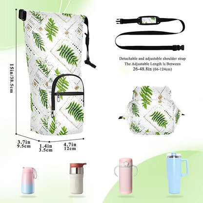 Green Boho Leaves Water Bottle Holder with Strap Insulated Water Bottle Carrier Crossbody Bags Pouch with Phone Pocket for Travel Gym Hiking Walking Running