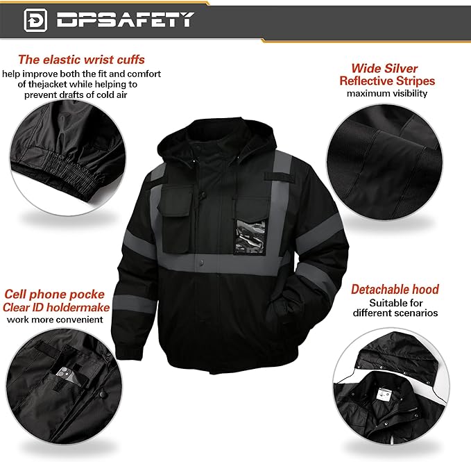 Safety jacket for men,Reflective high Visibility Hooded jacket,Hi-Vis Bomber Jacket with Pockets and Zipper,Waterproof,Black Bottom,ANSI/ISEA 107-2020 Type R Class 3,Black