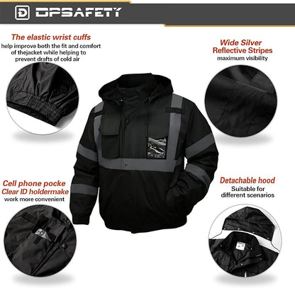 Safety jacket for men,Reflective high Visibility Hooded jacket,Hi-Vis Bomber Jacket with Pockets and Zipper,Waterproof,Black Bottom,ANSI/ISEA 107-2020 Type R Class 3,Black