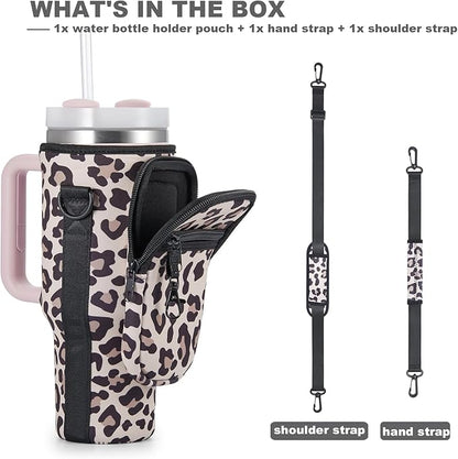 Water Bottle Carrier Bag with Phone Pocket for Stanley 40 & 30 oz Tumbler with Handle,Pink Insulated Neoprene Cup Holder Pouch w/Adjustable Strap for Quencher H2.0 Stanley Cup Accessories