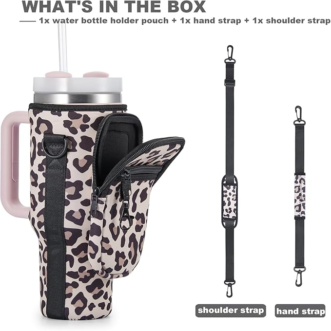Water Bottle Carrier Bag with Phone Pocket for Stanley 40 & 30 oz Tumbler with Handle,Pink Insulated Neoprene Cup Holder Pouch w/Adjustable Strap for Quencher H2.0 Stanley Cup Accessories