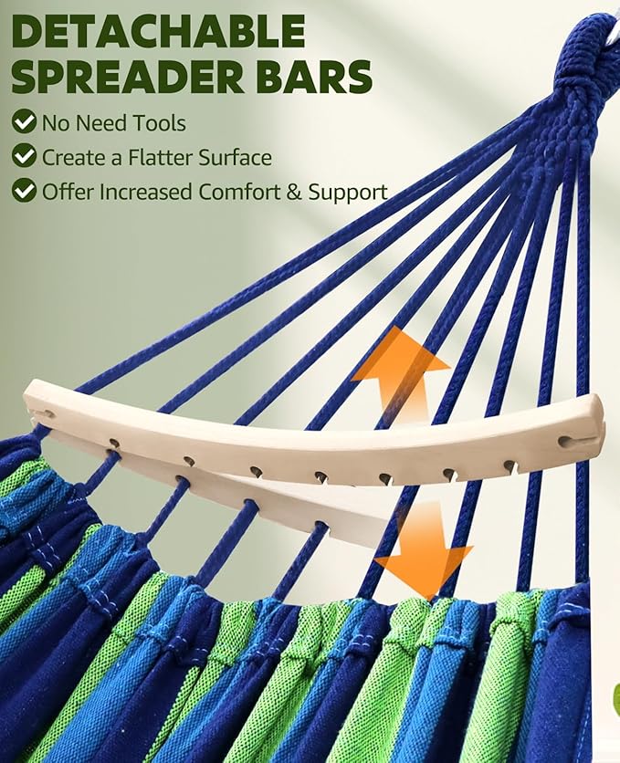 Chihee Hammock for Stand 9.8ft x 4.9ft Soft Cotton Hammock Holds Up to 660lbs Portable Tree Hammocks with Detachable Spreader Bar Pillow 2 Strong Webbings 2 Carabiners Patio Garden Indoor Outdoor