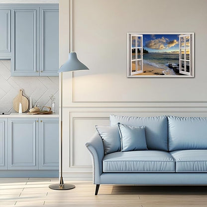 ANRUOXI Beach Pictures Wall Art Decor for Living Room, Blues Ocean Painting Decor for Bedroom, White Window Frame Style Sunset Sea Canvas Wall Decor, Coastal Landscape Artwork for Office 24x36 Inch