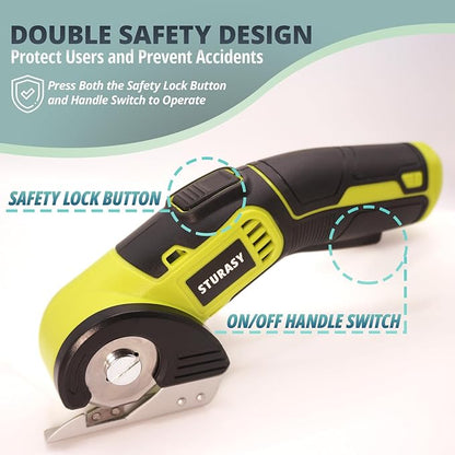 Cordless Electric Scissors, Power Cardboard Cutter with Safety Lock, 4V 2000mAh Electric Box Cutter for Cardboard, Fabric, Carpet, Leather, Paper, Plastic, Packages, Green Rotary Cutter