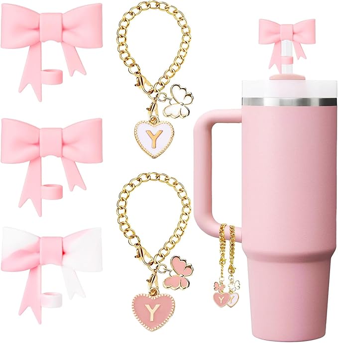Pink Bow for Stanley Straw Topper- 3pcs Cute Cup Bow Straw Cover Silicone Cap 10mm with 2pcs Initial Letter Charms Name Id Personalized Accessories 40/30 Oz Tumbler Water Bottle Cups Y
