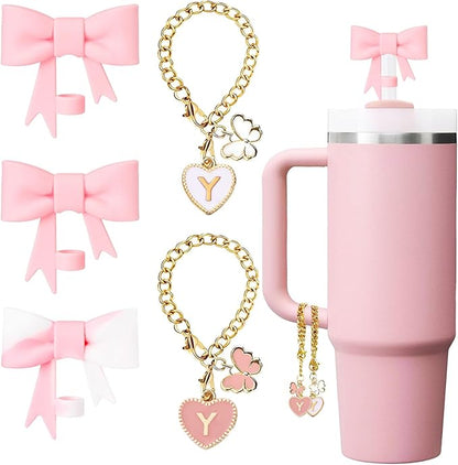 Pink Bow for Stanley Straw Topper- 3pcs Cute Cup Bow Straw Cover Silicone Cap 10mm with 2pcs Initial Letter Charms Name Id Personalized Accessories 40/30 Oz Tumbler Water Bottle Cups Y
