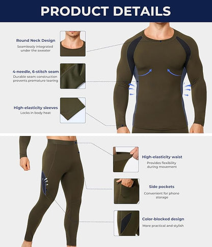 TAILONG Thermal Underwear for Men Long Johns with Fleece Lined Base Layer Hunting Gear Bottom Top for Cold Weather