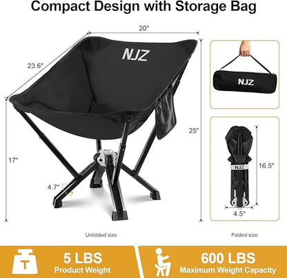 Compact Camping Chair, Portable Comfortable Camping Chair for Adults - 600 LBS Capacity Sturdy Camping Folding Chair with Quick Setup & Carry Bag Compact Camp Chair (Black)