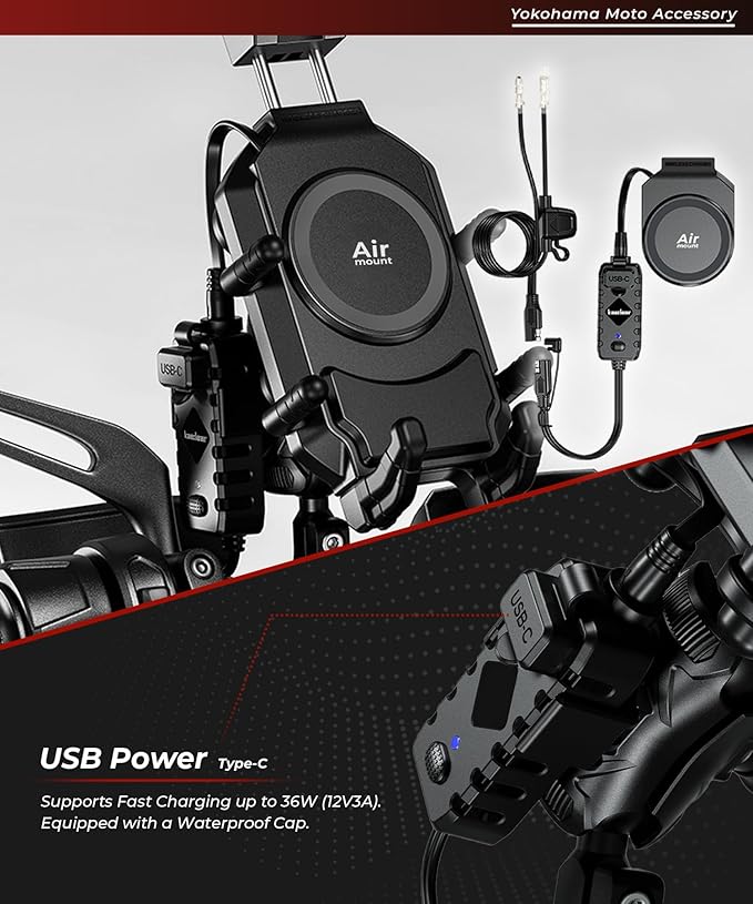 Kaedear Motorcycle Smartphone Holder, Charging, Vibration Absorption, Air Mount, Integrated QI, Wireless Charging, USB Power Supply, Devil Horn QI USB/Air Mount KDR-M26A (Qi Charging / 1" Ball)