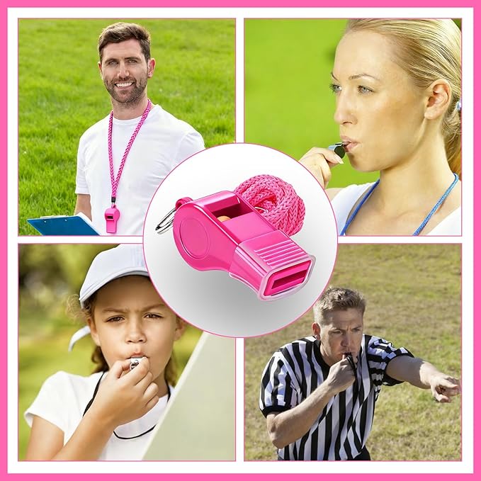 Pink Whistles with Mouthpiece, 2 Pack Plastic Sports Emergency Whistles with Lanyard – Loud Crisp Sound for Coaches, Lifeguards, Teachers, Dog Training and Outdoor Safety