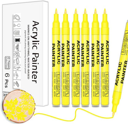 Acrylic Paint Pens Waterproof Markers 6 Yellow Permanent Marker Pens Acrylic Pens for Rock Painting Glass Stone Ceramic Metal Fabric Pebble Painting pens Craft Supplies