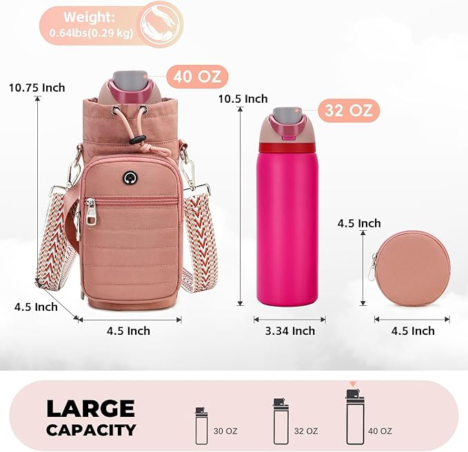 Water Bottle Carrier Bag with Strap, Sling Bag for Walking, Hiking, Cycling, Black, 40 Ounces