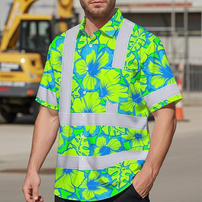 High Visibility Hawaiian Shirt for Men Tropical Shirts Custom Name Floral Outfit Reflective Safety Workwear