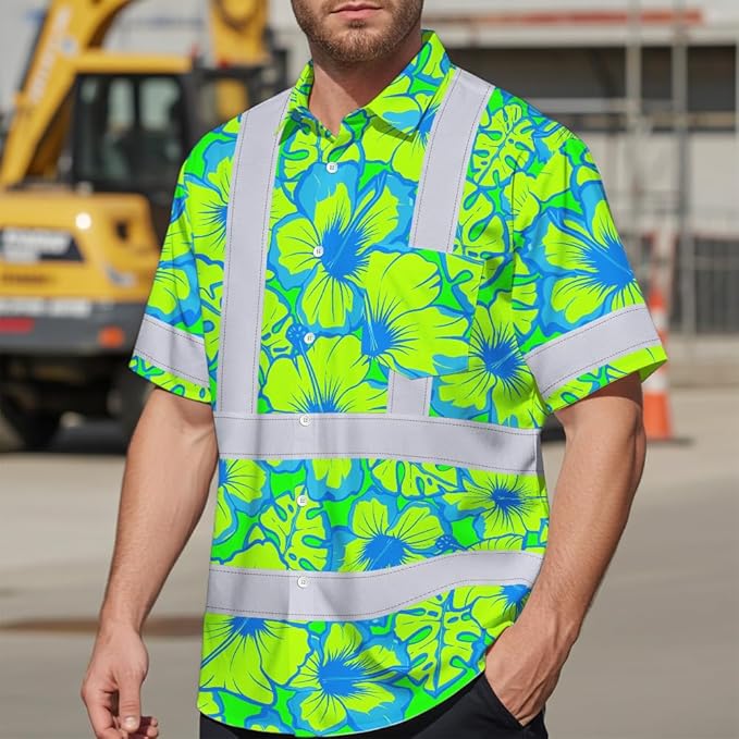 High Visibility Hawaiian Shirt for Men Tropical Shirts Custom Name Floral Outfit Reflective Safety Workwear