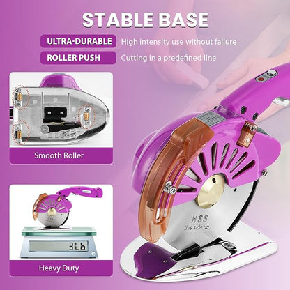 BAOSHISHAN Electric Fabric Rotary Cutter Heavy Duty Speed Adjustable Fabric Scissors Round Blade Cutting Machine for Multilayer Fabric Leather Cloth Carpet (100mm Plug-in Purple)