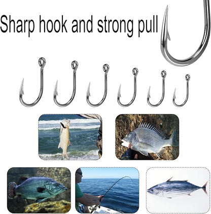 60PCS/Box DERKERL Fishing Hooks, Extra Strong Fish Hooks Stainless Steel Fishing Hooks 6 Sizes: 4/0 5/0 6/0 7/0 8/0 9/0#