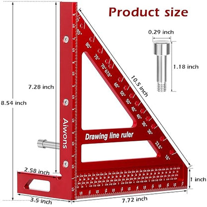 8.5 inch 3D Multi-Angle Measuring Ruler -Large Precision Woodworking 3D Square Protractor 15-90 Degree and Miter Triangle - Aluminum Alloy Drawing Line Ruler for Engineer Carpenter Red