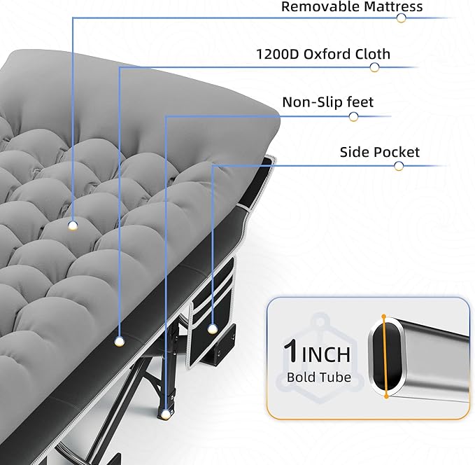 HABUTWAY Camping Cot with Mattress, 32" Extra Wide Camping Cots for Adults, Sleeping Cot for Adults Holds Up to 600LBS, Cots for Sleeping, Camp, Rv, Beach, Patio, Office Naps(Grey)