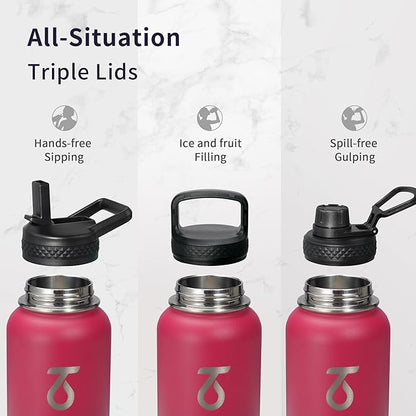 Trebo 40oz Water Bottle with 3 Lid and handle, Vacuum Insulated Stainless Steel Metal Outdoor Leakproof BPA-Free Flask, Keep Cold 48 Hours Water Jug, Best Gift for Men Women Holiday, Ruby Red
