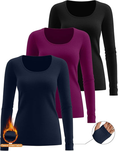 Riyiper 3 Pack Women's Thermal Long Sleeve Shirts, Fleece Scoop Neck Fitted Top Stretchy Thumb Holes Undershirt Baselayer Tee
