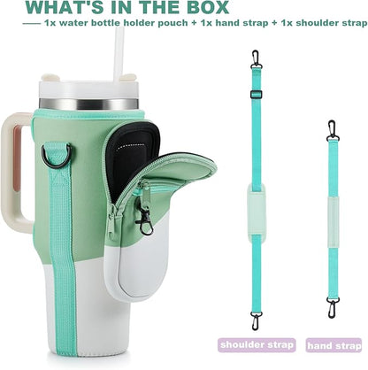 Water Bottle Carrier Bag with Phone Pocket for Stanley 40 & 30 oz Tumbler with Handle,Pink Insulated Neoprene Cup Holder Pouch w/Adjustable Strap for Quencher H2.0 Stanley Cup Accessories