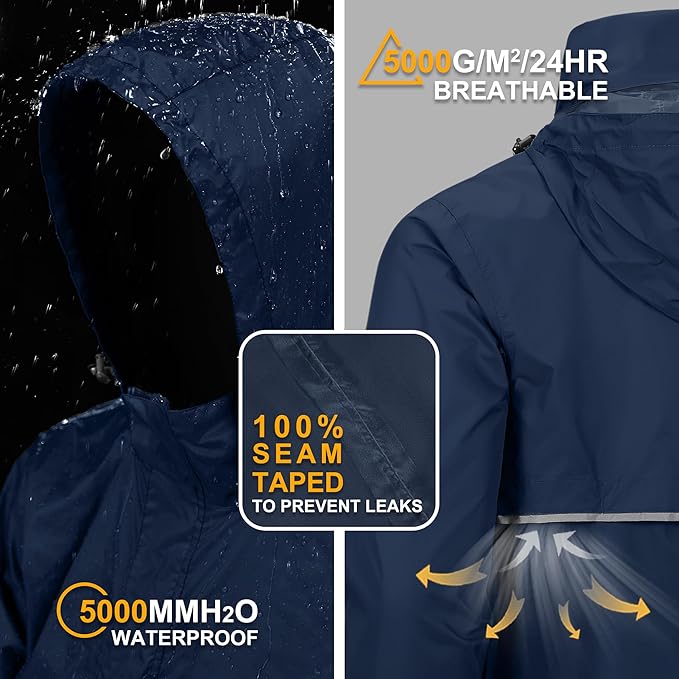 Outdoor Ventures Men's Rain Jacket Waterproof Lightweight Packable Rain Pullover for Hiking Golf Running