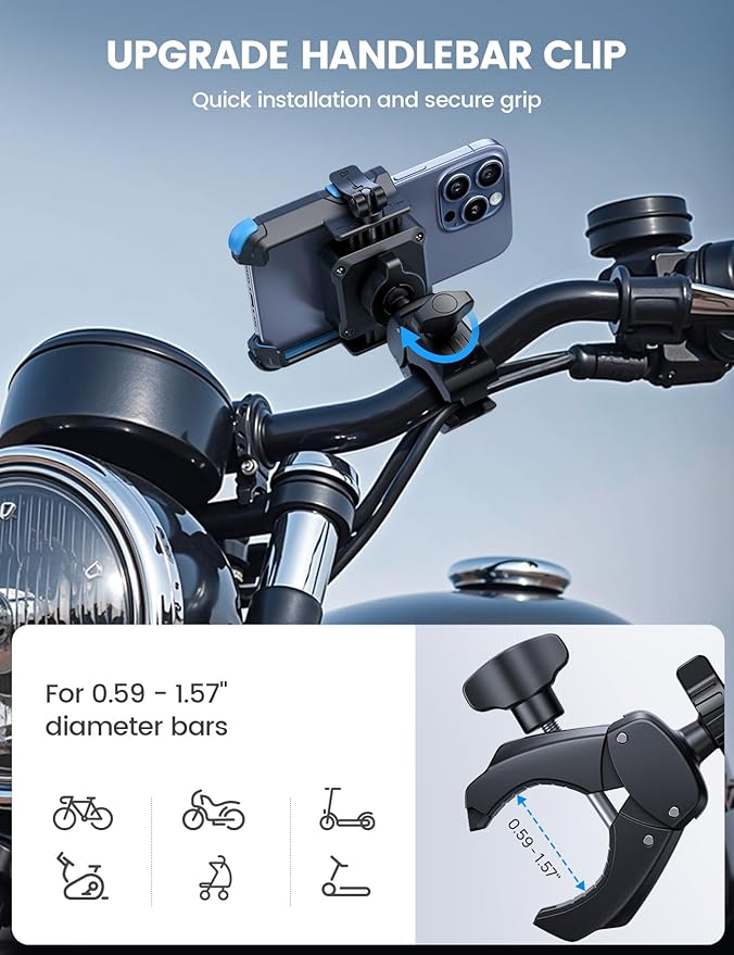 Lamicall Motorcycle Bike Phone Mount - [1s Quick Release] Bike Cell Phone Holder Clip, Bicycle Scooter Handlebar Clamp, for iPhone 17 16 15 14 Pro Max, Galaxy S25 S24 Ultra, 4.7-7" Phones, Blue