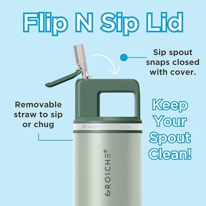 GROSCHE Alpine Shimmer Flip 'N Sip 20oz Insulated Water Bottle - Stainless Steel, Leakproof Flask with Straw, Perfect for Gym, Travel & Outdoor Use, Canadian Brand! - 20 fl. oz, Eucalyptus Green