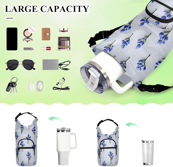 White Bluebonnets Water Bottle Holder with Strap Insulated Water Bottle Carrier Crossbody Bags Pouch with Phone Pocket for Travel Gym Hiking Walking Running
