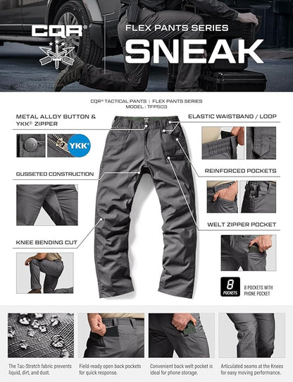 CQR Men's Flex Stretch Tactical Pants, Water Resistant Ripstop Cargo Pants, Lightweight EDC Outdoor Work Hiking Pants