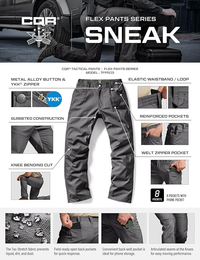 CQR Men's Flex Stretch Tactical Pants, Water Resistant Ripstop Cargo Pants, Lightweight EDC Outdoor Work Hiking Pants