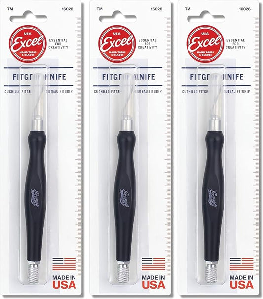 Excel Blades Fit Grip Craft Knife 3-Pack With #11 Ultra-Sharp Carbon Steel Angled Blade – Precision Hobby Knife with Contoured Rubberized Grip for DIY, Art Crafts – Black, Made in the USA