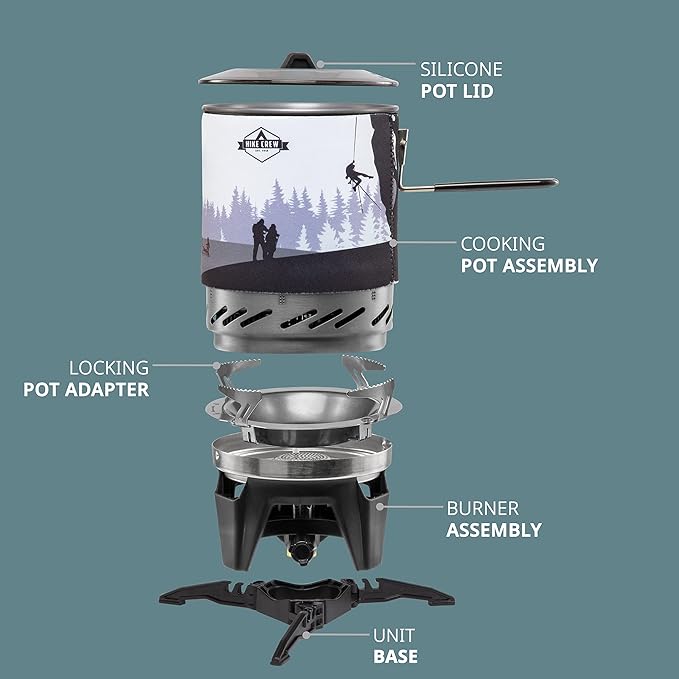 HikeCrew Portable Gas Powered Stove top & Cooking System, Compact Camping Cooktop with 1L Pot, Silicone Lid, Folding Handle & Carry Bag, Perfect for Camping, Hiking, Backpacking, Survival & Emergenc