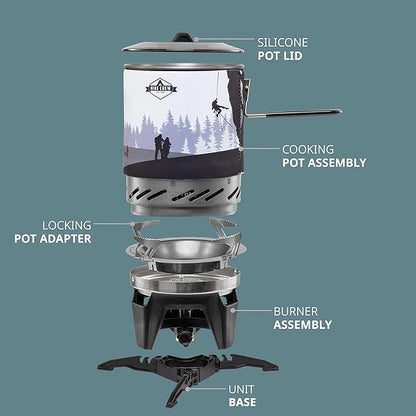 HikeCrew Portable Gas Powered Stove top & Cooking System, Compact Camping Cooktop with 1L Pot, Silicone Lid, Folding Handle & Carry Bag, Perfect for Camping, Hiking, Backpacking, Survival & Emergenc