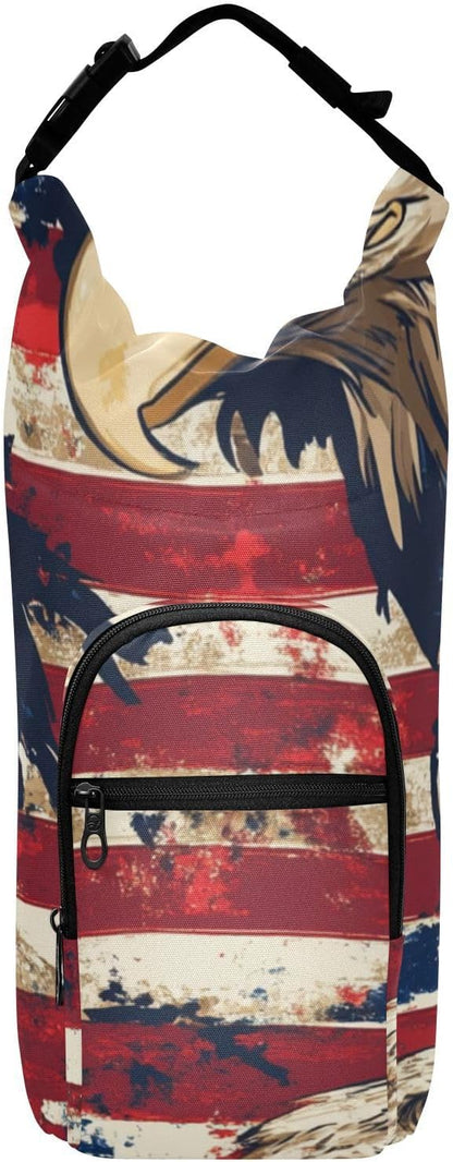 Blue and Red Eagle and Flag Water Bottle Holder with Strap Insulated Water Bottle Carrier Crossbody Bags Pouch with Phone Pocket for Travel Gym Hiking Walking Running