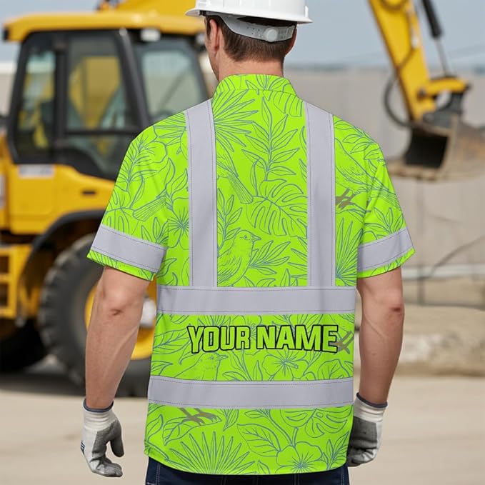 High Visibility Hawaiian Shirt for Men Tropical Shirts Custom Name Floral Outfit Reflective Safety Workwear
