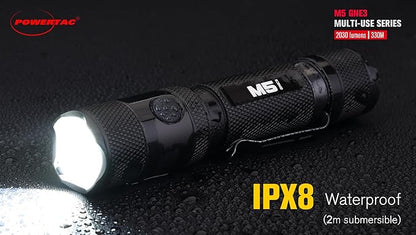 PowerTac M5-G3 2030 Lumens Rechargeable Tactical Flashlight, 330M Throw with Magnetic Charging and Dual Switch, LED Flashlight for Outdoor Emergency