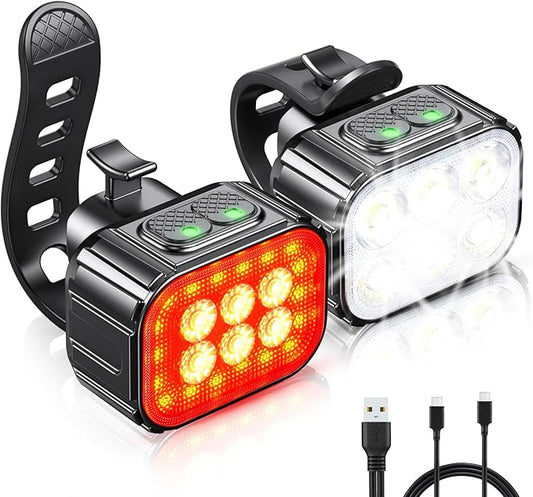 Bike Lights Set Ultra Bright, Bicycle Light Rechargeable with 6 Spot & Flood Beams, IP65 Waterproof Bike Lights for Night Riding, DIY 4X4 + 6X6 Modes Bicycle Headlight and Tail Light Reflectors