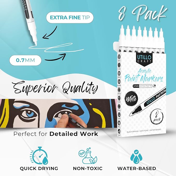 Utillo Craft (8-Pack White Paint Pens | Extra Fine Tip Made in Japan | Bold Color+100% Coverage on Rock, Wood, Glass, Paper, Plastic, Metal, Canvas, Fabric | 0.7mm White Acrylic Paint Markers