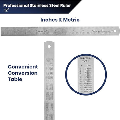 Pacific Arc 12 Inch Stainless Steel Ruler with Inch/Metric Conversion Table