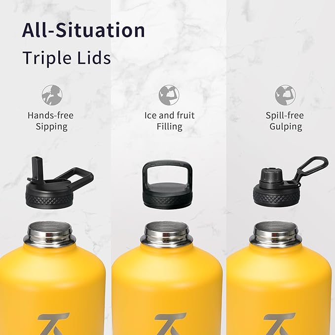 Trebo 128 oz 1 Gallon Water Bottle Insulated with Paracord Handle and Straw,Vacuum Stainless Steel Large Water Jug Keep Cold 48 Hours,Water Flask with 3 Lids for Men Women Sports,Gym, Orange