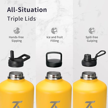 Trebo 128 oz 1 Gallon Water Bottle Insulated with Paracord Handle and Straw,Vacuum Stainless Steel Large Water Jug Keep Cold 48 Hours,Water Flask with 3 Lids for Men Women Sports,Gym, Orange