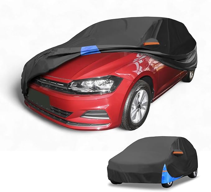 Waterproof All-Weather Universal Car Cover with Right Side Zipper, 190T Polyeste Black Blue Fits for Hatchback 163" to 177" Length