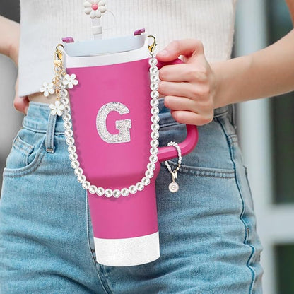 Cup Accessories Set for Stanley- Including Water Bottle Carrying Pearl Strap, Handle Letter Charms Sticker, Siliocne Boot Straw Cover for Stanley 40oz & 30oz Tumbler Accessory Kit G